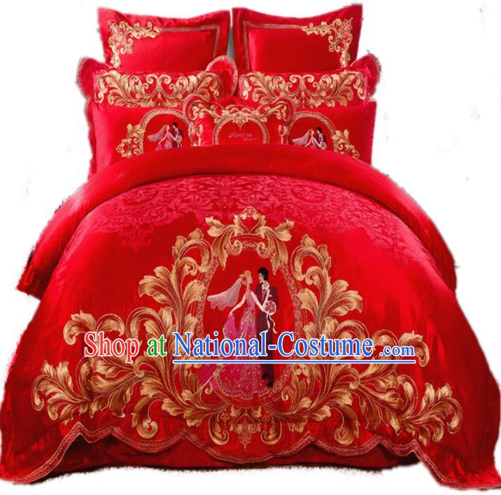 Traditional Chinese Wedding Red Satin Embroidered Ten-piece Bedclothes Duvet Cover Textile Qulit Cover Bedding Sheet Complete Set