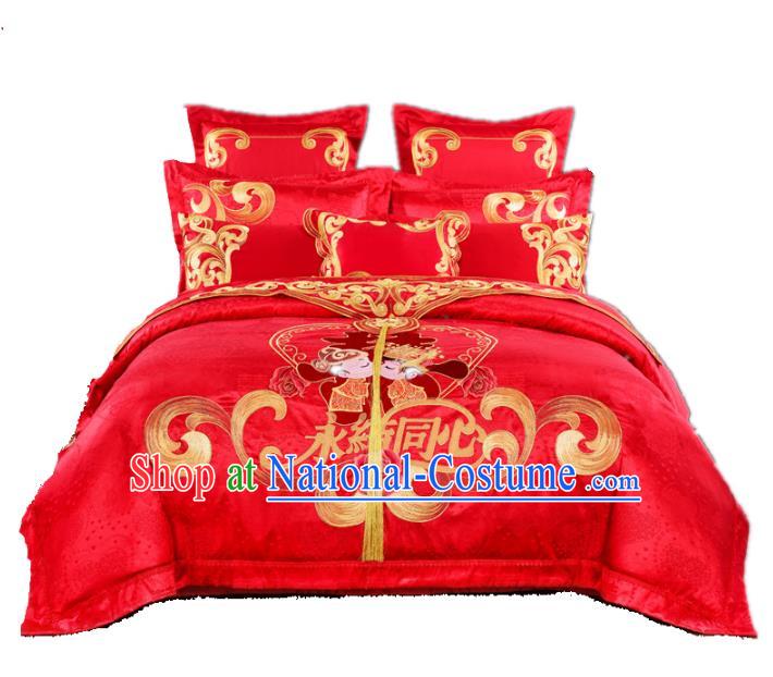 Traditional Chinese Wedding Red Satin Embroidered Ten-piece Bedclothes Duvet Cover Textile Qulit Cover Bedding Sheet Complete Set