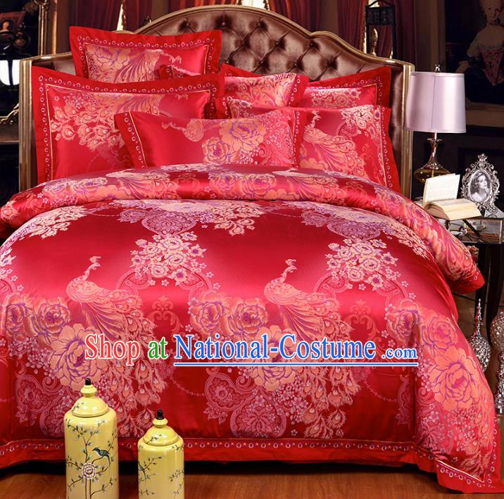 Traditional Chinese Wedding Red Satin Printing Peacock Six-piece Bedclothes Duvet Cover Textile Qulit Cover Bedding Sheet Complete Set