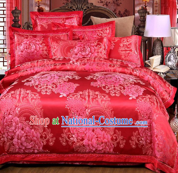 Traditional Chinese Wedding Red Satin Printing Peony Six-piece Bedclothes Duvet Cover Textile Qulit Cover Bedding Sheet Complete Set