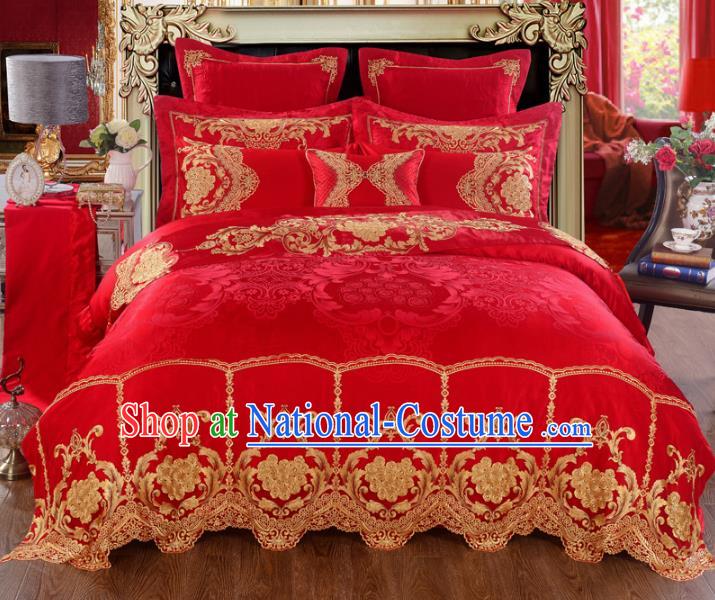 Traditional Chinese Wedding Red Satin Embroidered Ten-piece Bedclothes Duvet Cover Textile Qulit Cover Bedding Sheet Complete Set