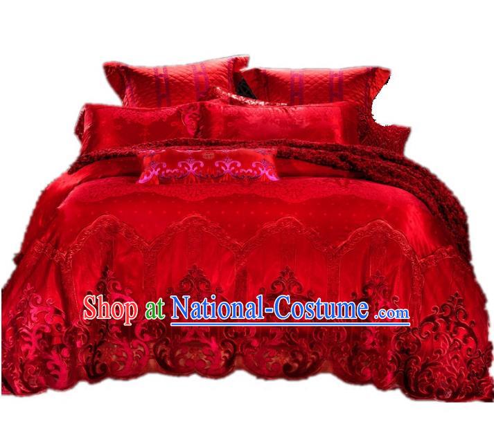 Traditional Chinese Wedding Red Lace Satin Embroidered Four-piece Bedclothes Duvet Cover Textile Qulit Cover Bedding Sheet Complete Set