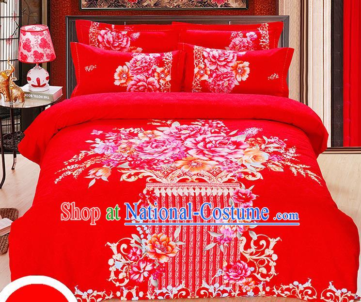 Traditional Chinese Wedding Printing Peony Red Four-piece Bedclothes Duvet Cover Textile Qulit Cover Bedding Sheet Complete Set