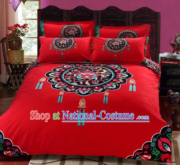 Traditional Chinese Wedding Printing Peony Red Four-piece Bedclothes Duvet Cover Textile Qulit Cover Bedding Sheet Complete Set