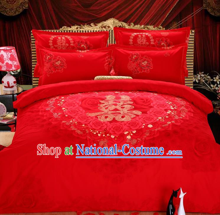 Traditional Chinese Wedding Printing Rose Red Four-piece Bedclothes Duvet Cover Textile Qulit Cover Bedding Sheet Complete Set