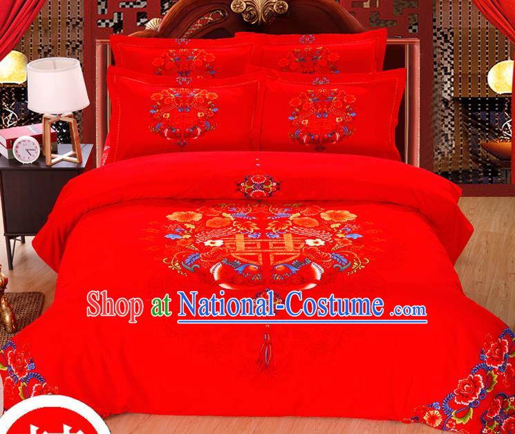 Traditional Chinese Wedding Printing Mandarin Duck Red Four-piece Bedclothes Duvet Cover Textile Qulit Cover Bedding Sheet Complete Set