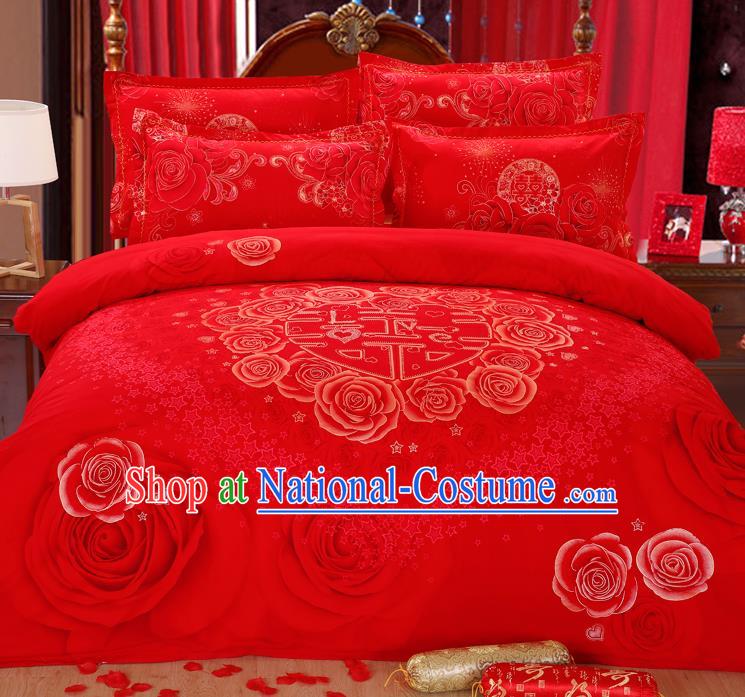 Traditional Chinese Wedding Printing Rose Red Four-piece Bedclothes Duvet Cover Textile Qulit Cover Bedding Sheet Complete Set