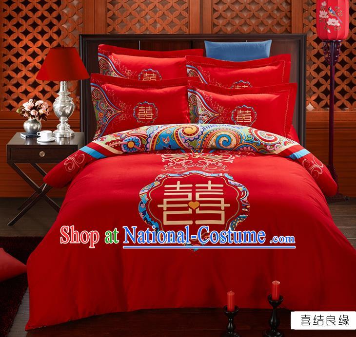 Traditional Chinese Wedding Printing Xi Character Red Four-piece Bedclothes Duvet Cover Textile Qulit Cover Bedding Sheet Complete Set