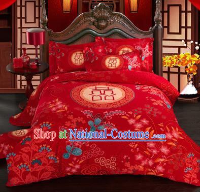 Traditional Chinese Wedding Printing Flowers Red Four-piece Bedclothes Duvet Cover Textile Qulit Cover Bedding Sheet Complete Set