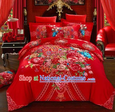 Traditional Chinese Wedding Printing Peony Flowers Red Four-piece Bedclothes Duvet Cover Textile Qulit Cover Bedding Sheet Complete Set