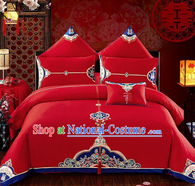 Traditional Chinese Wedding Embroidered Red Seven-piece Bedclothes Duvet Cover Textile Qulit Cover Bedding Sheet Complete Set