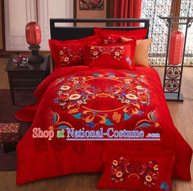 Traditional Chinese Wedding Printing Flowers Red Four-piece Bedclothes Duvet Cover Textile Qulit Cover Bedding Sheet Complete Set