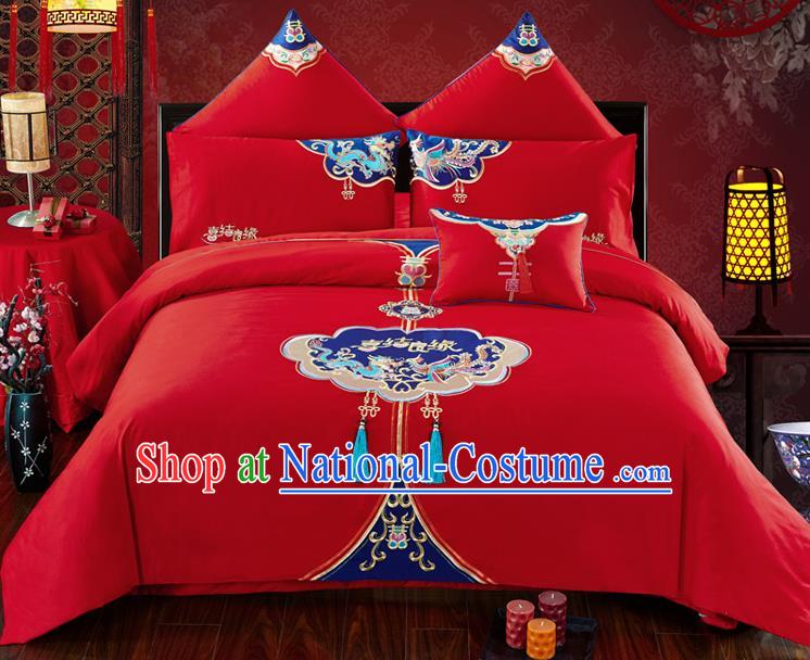 Traditional Chinese Wedding Embroidered Red Seven-piece Bedclothes Duvet Cover Textile Qulit Cover Bedding Sheet Complete Set