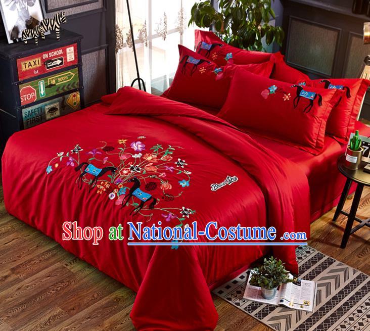 Traditional Chinese Wedding Embroidered Flowers Red Satin Six-piece Bedclothes Duvet Cover Textile Qulit Cover Bedding Sheet Complete Set