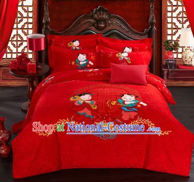 Traditional Chinese Wedding Printing Children Red Four-piece Bedclothes Duvet Cover Textile Qulit Cover Bedding Sheet Complete Set