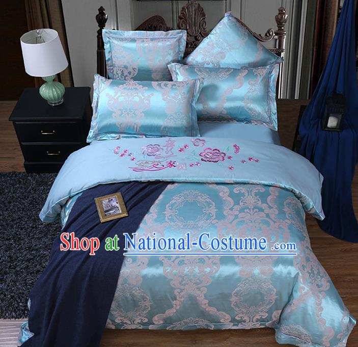 Traditional Chinese Wedding Embroidered Flowers Blue Satin Six-piece Bedclothes Duvet Cover Textile Qulit Cover Bedding Sheet Complete Set