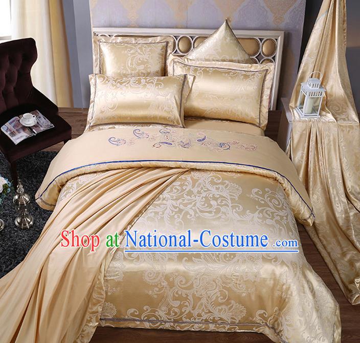 Traditional Chinese Wedding Embroidered Flowers Yellow Satin Six-piece Bedclothes Duvet Cover Textile Qulit Cover Bedding Sheet Complete Set