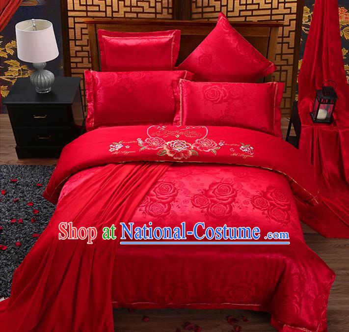 Traditional Chinese Wedding Embroidered Peony Flowers Red Satin Six-piece Bedclothes Duvet Cover Textile Qulit Cover Bedding Sheet Complete Set