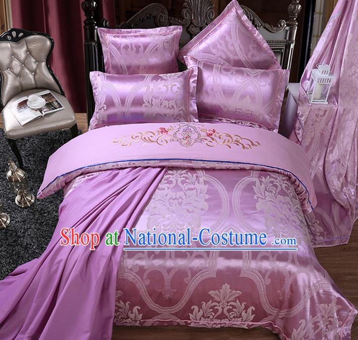 Traditional Chinese Wedding Embroidered Flowers Purple Satin Six-piece Bedclothes Duvet Cover Textile Qulit Cover Bedding Sheet Complete Set