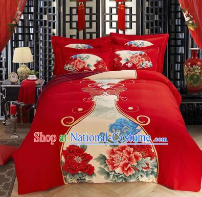 Traditional Chinese Wedding Printing Peony Red Four-piece Bedclothes Duvet Cover Textile Qulit Cover Bedding Sheet Complete Set