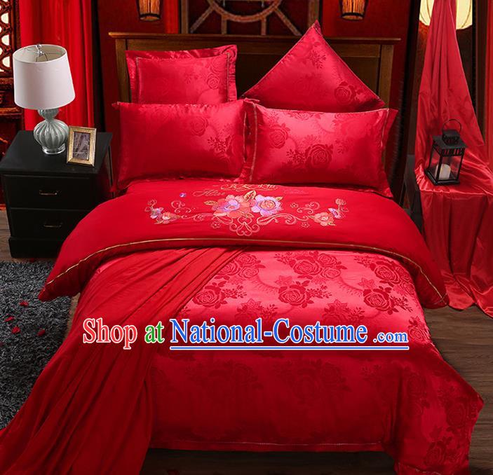 Traditional Chinese Wedding Embroidered Rose Red Satin Six-piece Bedclothes Duvet Cover Textile Qulit Cover Bedding Sheet Complete Set