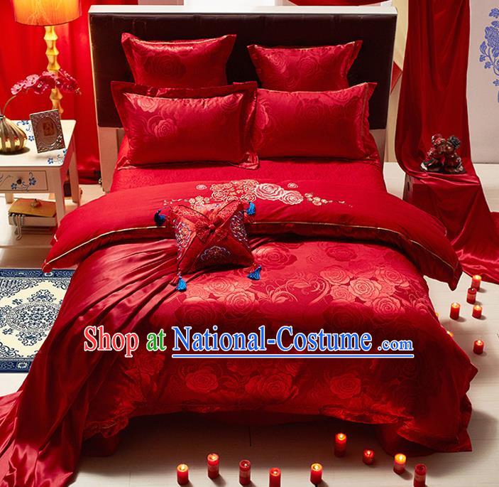 Traditional Chinese Wedding Embroidered Red Satin Six-piece Bedclothes Duvet Cover Textile Qulit Cover Bedding Sheet Complete Set