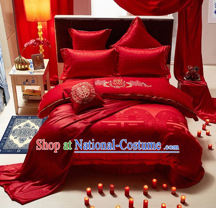 Traditional Chinese Wedding Embroidered Red Satin Six-piece Bedclothes Duvet Cover Textile Qulit Cover Bedding Sheet Complete Set