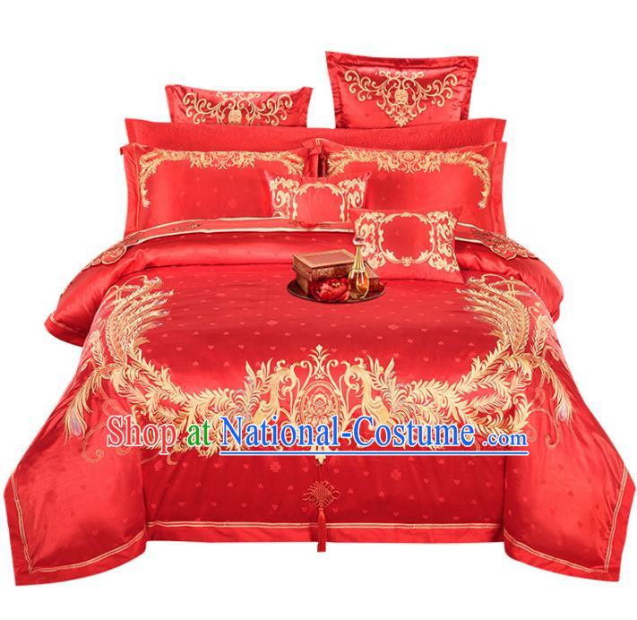 Traditional Chinese Wedding Embroidered Phoenix Red Satin Ten-piece Bedclothes Duvet Cover Textile Qulit Cover Bedding Sheet Complete Set