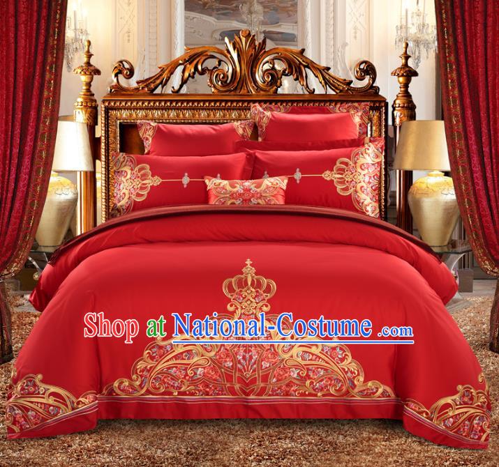 Traditional Chinese Wedding Embroidered Red Satin Six-piece Bedclothes Duvet Cover Textile Qulit Cover Bedding Sheet Complete Set