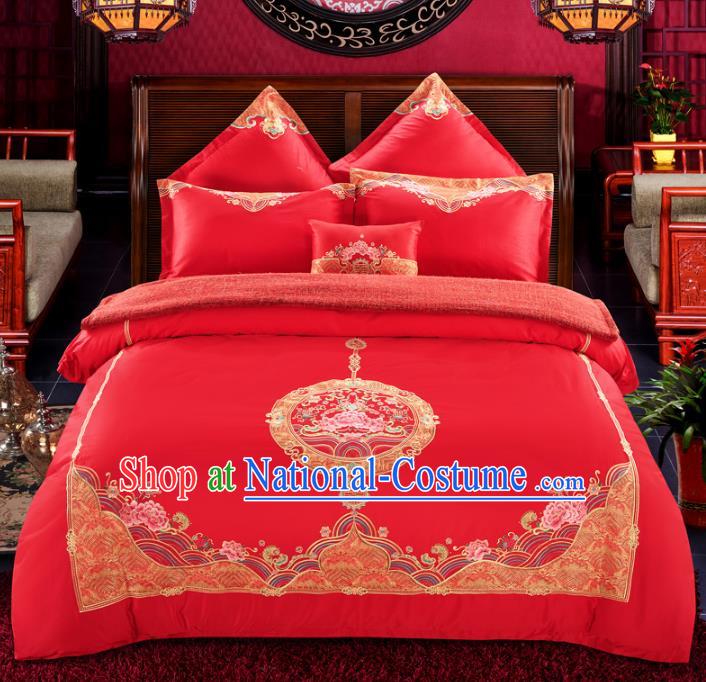 Traditional Chinese Wedding Embroidered Peony Red Satin Seven-piece Bedclothes Duvet Cover Textile Qulit Cover Bedding Sheet Complete Set