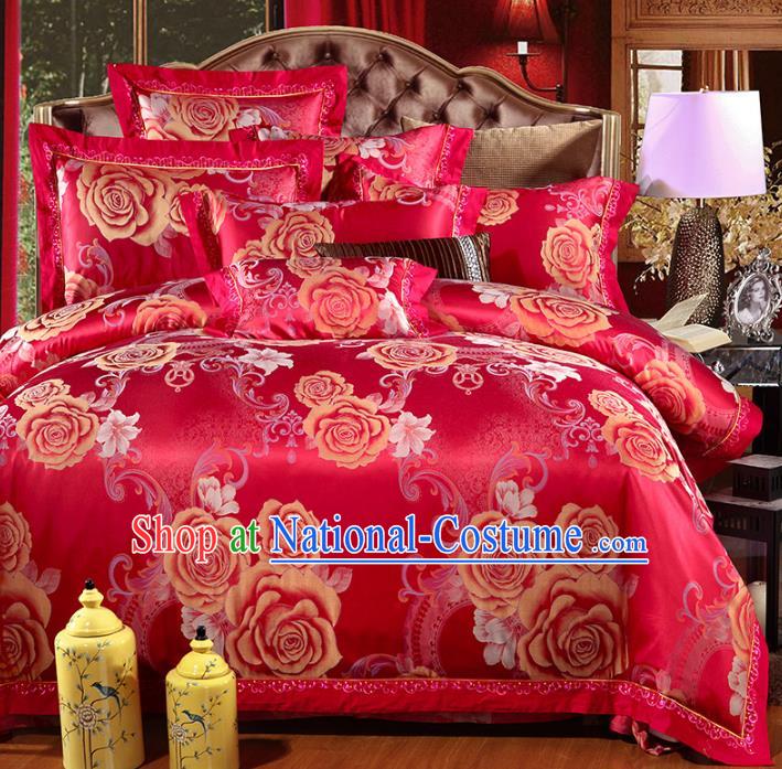 Traditional Chinese Wedding Printing Rose Red Satin Six-piece Bedclothes Duvet Cover Textile Qulit Cover Bedding Sheet Complete Set