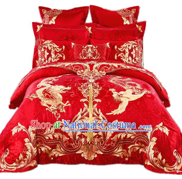 Traditional Chinese Wedding Embroidered Dragon Phoenix Red Satin Ten-piece Bedclothes Duvet Cover Textile Qulit Cover Bedding Sheet Complete Set