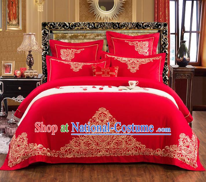 Traditional Chinese Wedding Embroidered Red Eight-piece Bedclothes Duvet Cover Textile Qulit Cover Bedding Sheet Complete Set