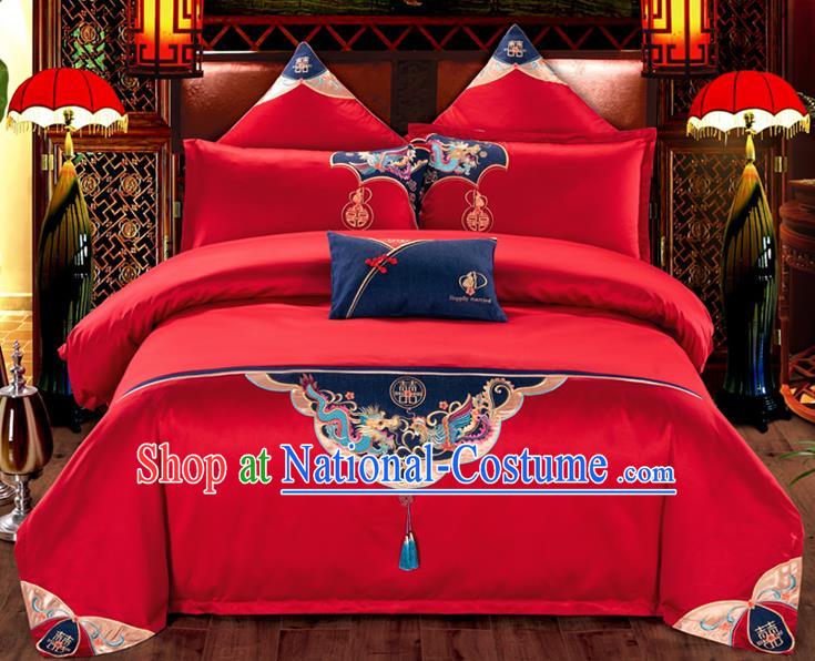 Traditional Chinese Wedding Embroidered Red Seven-piece Bedclothes Duvet Cover Textile Qulit Cover Bedding Sheet Complete Set