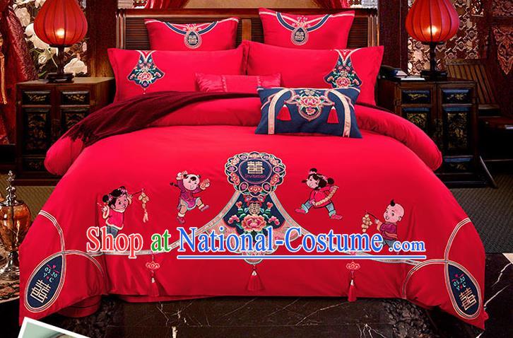 Traditional Chinese Wedding Embroidered Peony Red Seven-piece Bedclothes Duvet Cover Textile Qulit Cover Bedding Sheet Complete Set