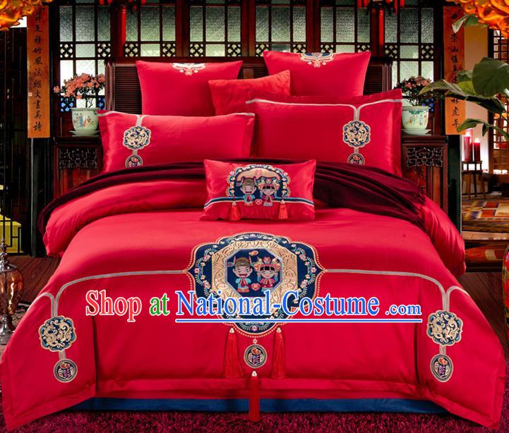 Traditional Chinese Wedding Embroidered Red Seven-piece Bedclothes Duvet Cover Textile Qulit Cover Bedding Sheet Complete Set