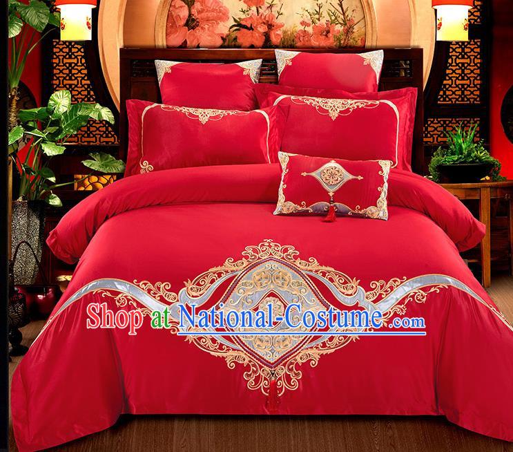 Traditional Chinese Wedding Embroidered Flowers Red Seven-piece Bedclothes Duvet Cover Textile Qulit Cover Bedding Sheet Complete Set