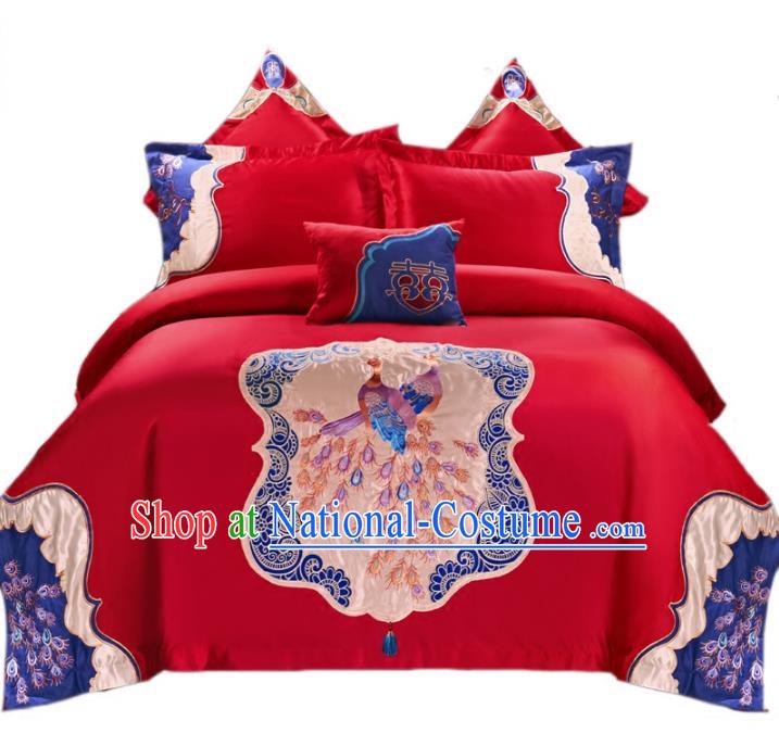 Traditional Chinese Wedding Embroidered Peacock Red Ten-piece Bedclothes Duvet Cover Textile Qulit Cover Bedding Sheet Complete Set