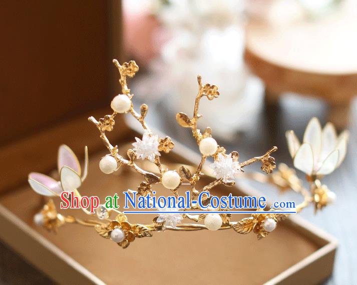 Chinese Traditional Bride Hair Jewelry Accessories Baroque Wedding Flowers Pearls Royal Crown for Women