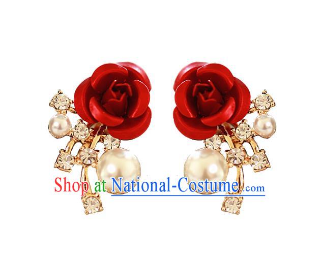 Chinese Traditional Bride Jewelry Accessories Baroque Princess Headwear Wedding Crystal Rose Earrings for Women