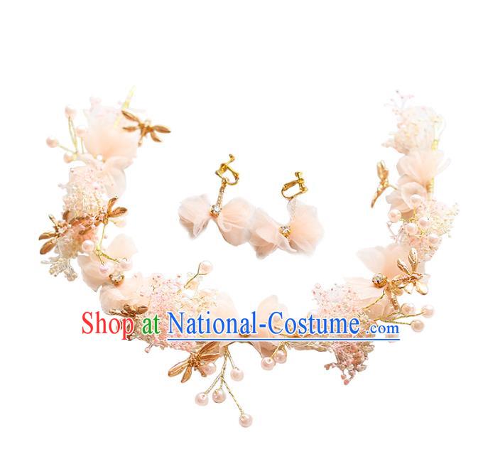 Chinese Traditional Bride Hair Jewelry Accessories Wedding Dragonfly Pink Flowers Hair Clasp and Earrings for Women