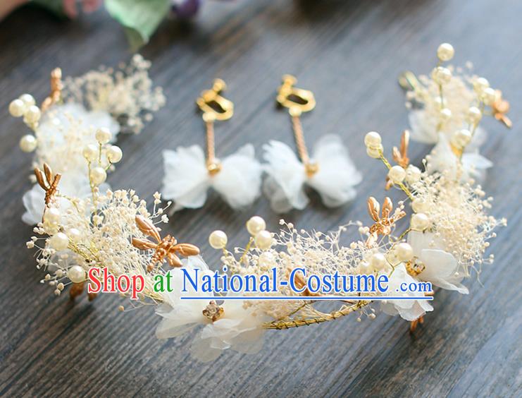 Chinese Traditional Bride Hair Jewelry Accessories Wedding Dragonfly White Flowers Hair Clasp and Earrings for Women