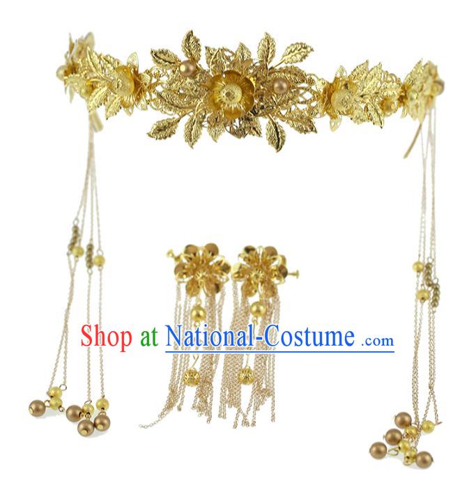 Chinese Traditional Bride Hair Jewelry Accessories Xiuhe Suit Hairpins Headwear Wedding Golden Phoenix Coronet for Women