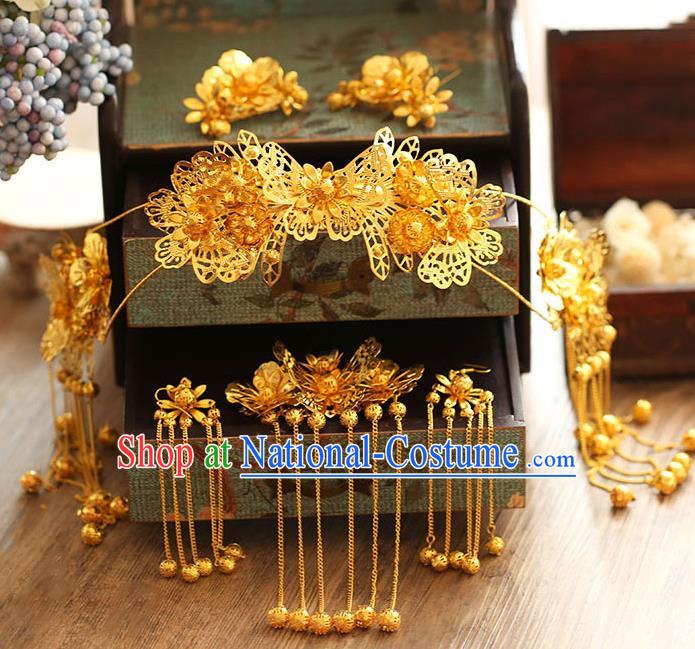 Chinese Traditional Bride Hair Jewelry Accessories Xiuhe Suit Hairpins Headwear Wedding Golden Butterfly Phoenix Coronet for Women