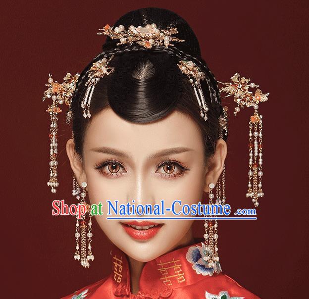 Chinese Traditional Bride Hair Jewelry Accessories Palace Xiuhe Suit Phoenix Coronet Wedding Tassel Headwear for Women