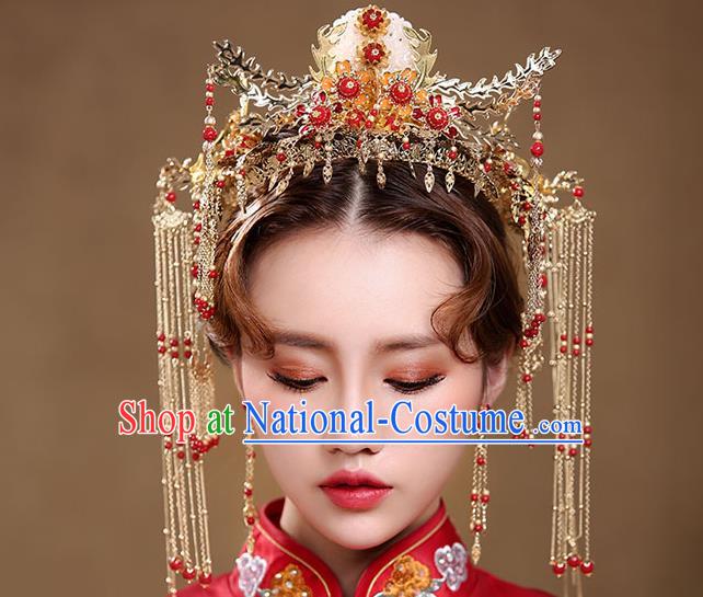 Chinese Traditional Bride Hair Jewelry Accessories Xiuhe Suit Tassel Hairpins Headwear Wedding Phoenix Coronet for Women