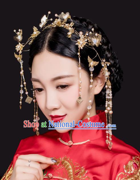 Chinese Traditional Bride Hair Jewelry Accessories Xiuhe Suit Hairpins Headwear Wedding Tassel Hair Clasp for Women