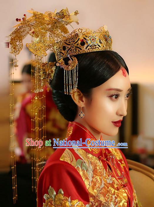 Chinese Traditional Bride Hair Jewelry Accessories Xiuhe Suit Extravagant Phoenix Coronet Wedding Tassel Headwear for Women