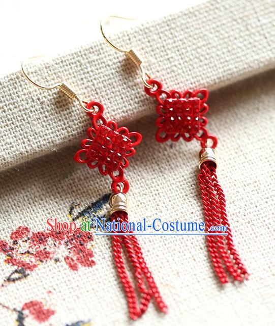 Chinese Traditional Bride Jewelry Accessories Princess Wedding Xiuhe Suit Red Chinese Knots Tassel Earrings for Women