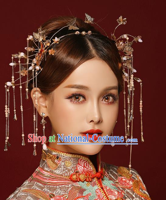 Chinese Traditional Bride Hair Jewelry Accessories Palace Xiuhe Suit Golden Phoenix Coronet Wedding Tassel Headwear for Women